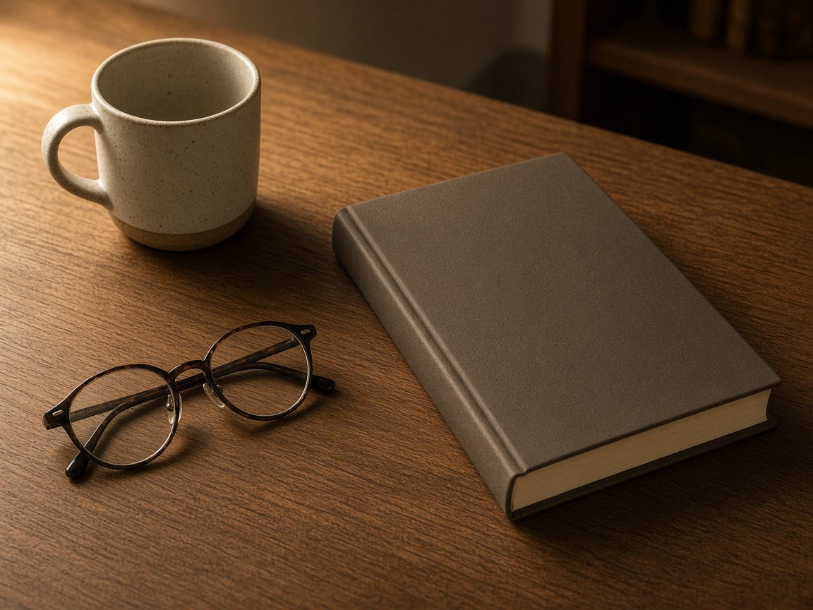 Ceramic mug, hardcover book, and glasses on a warm desk