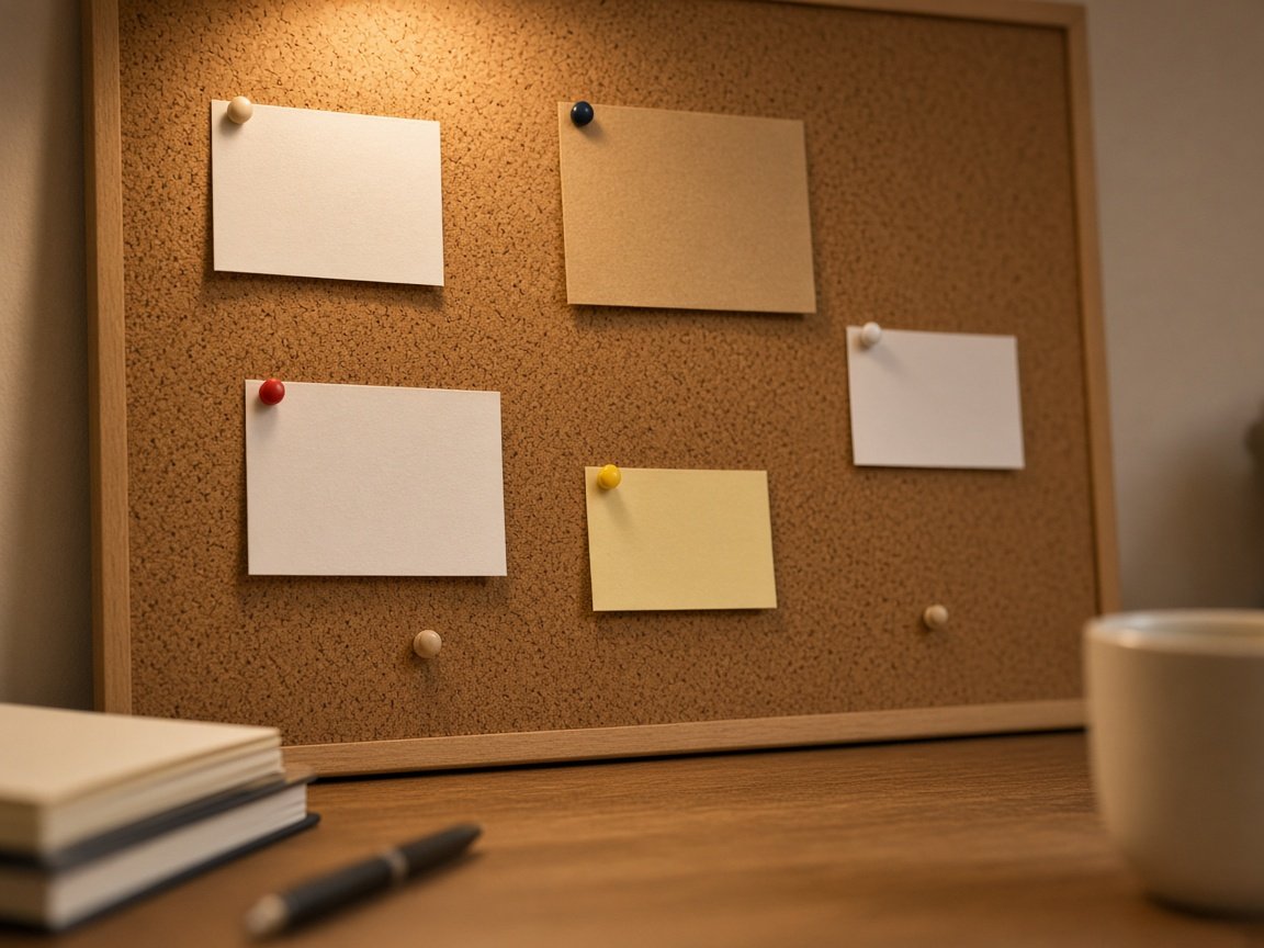Cork pinboard with blank notes in warm light
